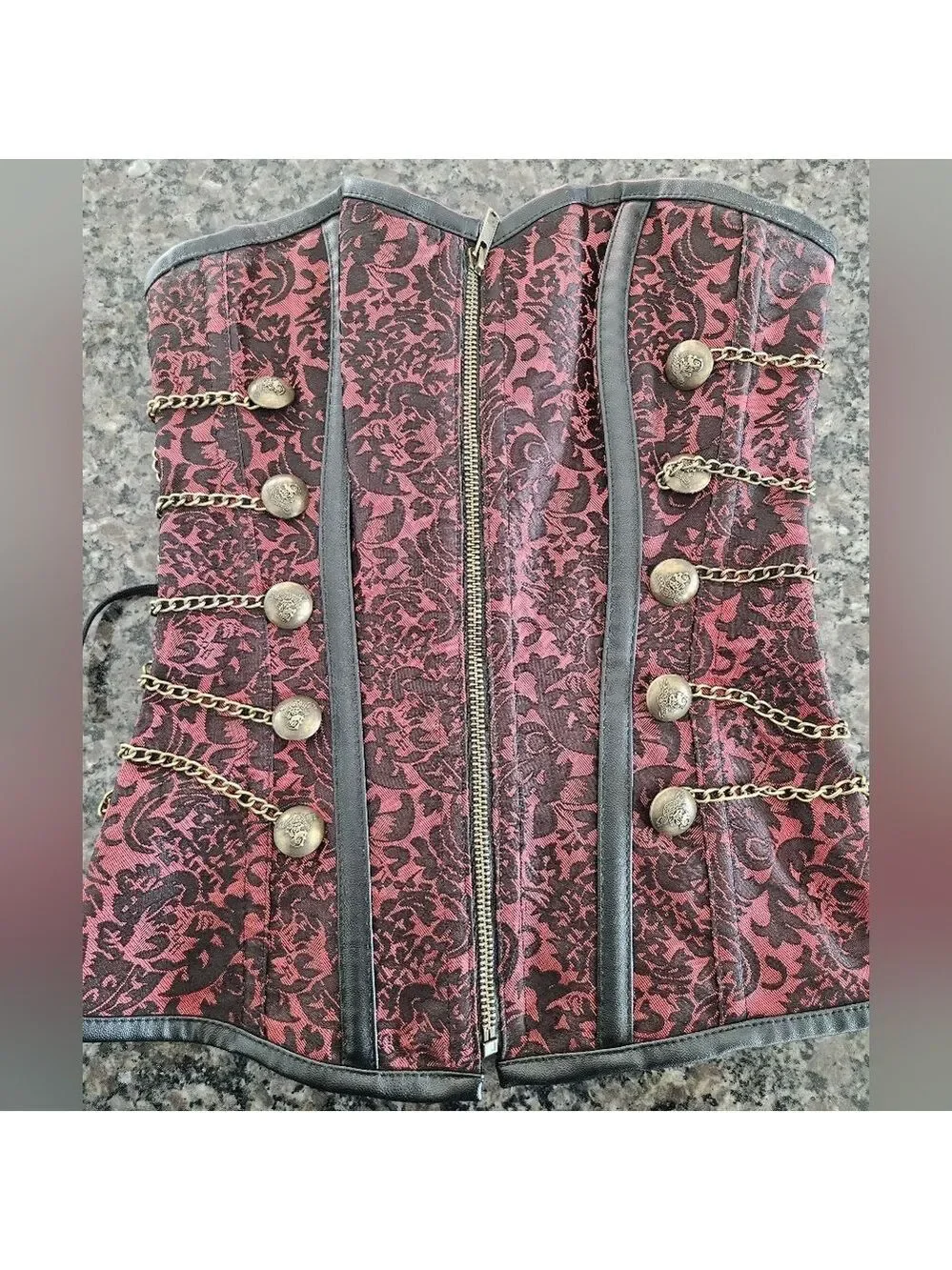 Vintage-Style Women’s Corset Bustier Red & Black Brocade Lace-Up Size Small